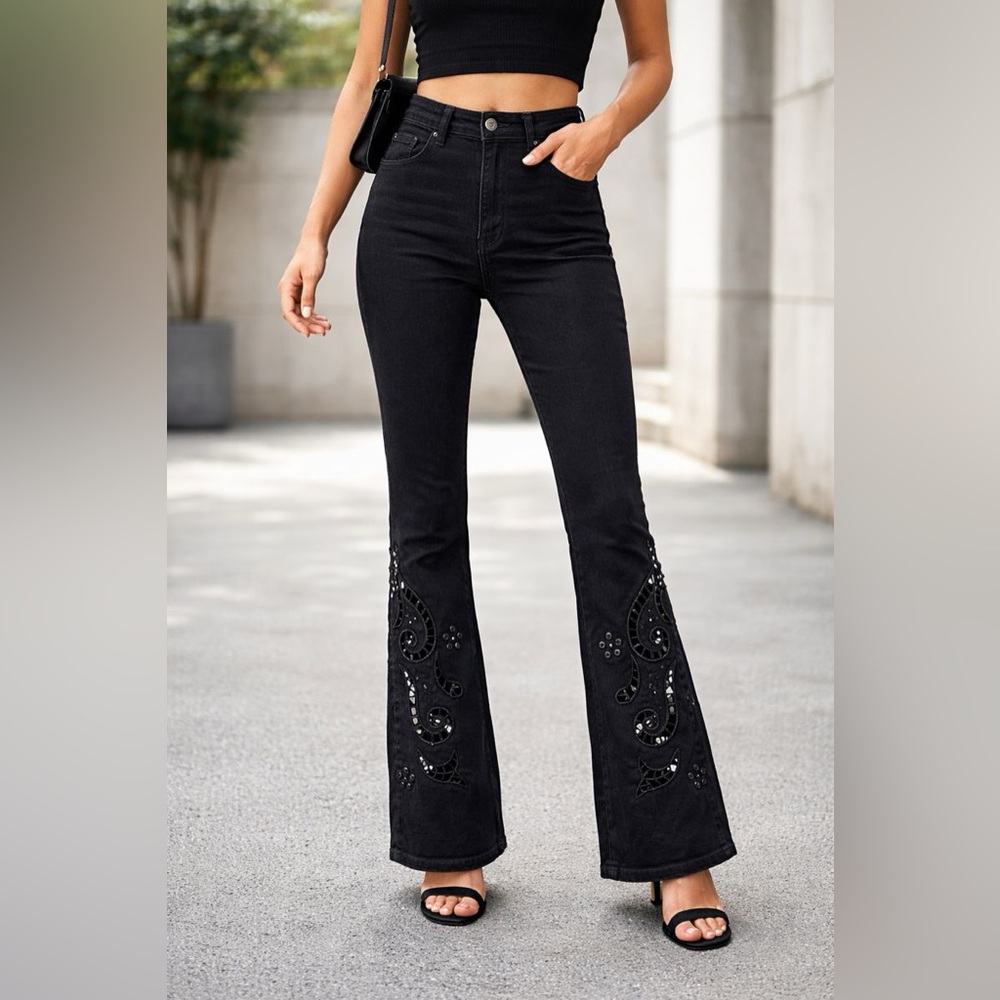 Dondup Charlotte Super Skinny Bootcut Black Floral Perforated Ankle Design Jeans